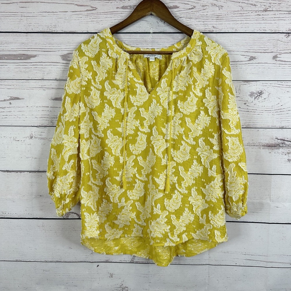 Chicos Shirt Top Womens 12 Yellow‎ Floral Textured Blouse Tassel Boho Boxy
